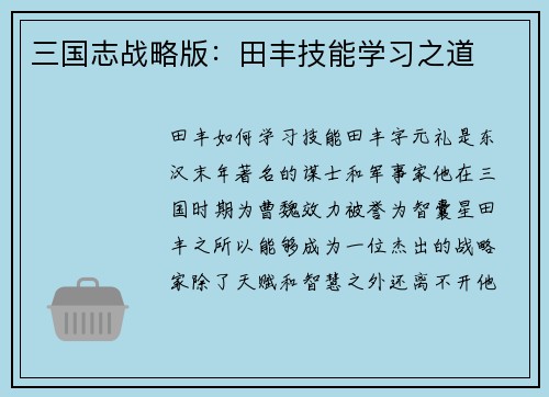三国志战略版：田丰技能学习之道
